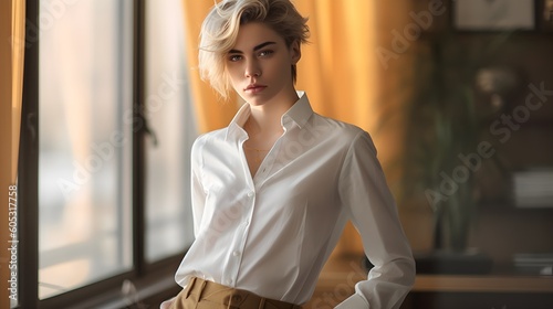 Young handsome transgender person looking at camera in office, blond dyed hair, non-binary gender, stylish formal clothes, pastel colors, business modern concept, AI Generated.