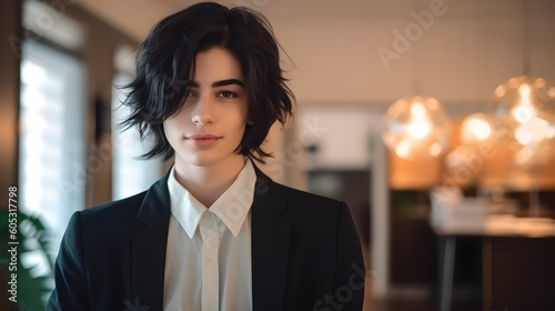 Young handsome transgender person looking at camera in office, dark hair, non-binary gender, stylish formal clothes, pastel colors, business modern concept, AI Generated.