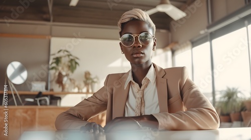 Young African American female handsome transgender person looking at camera in office, non-binary gender, stylish formal clothes, pastel colors, business modern concept, pink dyed hair, AI Generated.