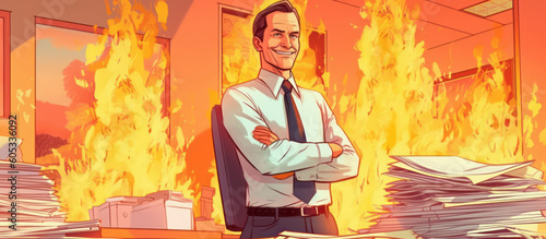 A smug CEO or businessman smiles while a fire burns in the background. Corporate waste, Corporate greed, Unfettered capitalism. Enron, FTX collapse. Cartoon. Generative AI