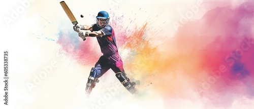 Illustration of batsman in cricket game on watercolor background banner. Ai Generated.