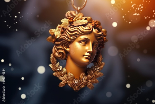 Gold pendant depicting an antique head. Gift for new year and christmas. Banner with place for text. Generative AI