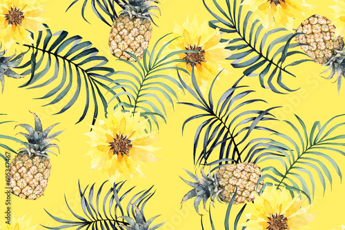 Seamless pattern pineapple, sunflower and palm leaves with watercolor.Summer colorful hand drawn tropical fruit pattern.For fabric luxurious and wallpaper, vintage style.Cute and bright flower aloha 