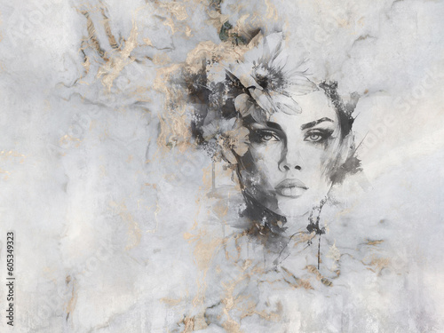 Beautiful woman's face with a flower on her head. Mural on marble.