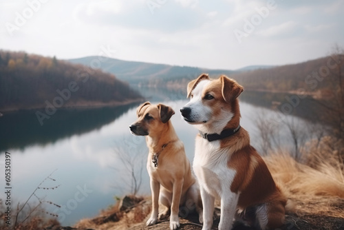 two dogs stands in the mountains. Generative AI