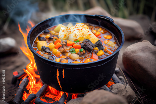 Beef stew with potatoes and carrots in a black pot on a campfire. Generative AI