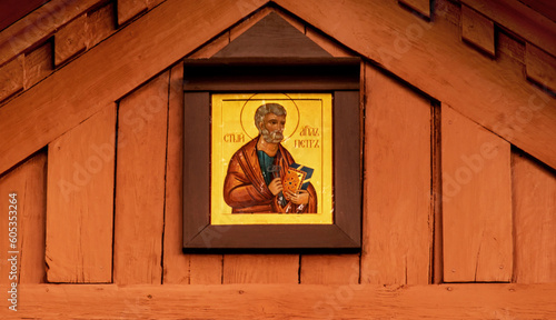 General view and architectural details of the temple of the Orthodox Church of the Holy Apostles Peter and Paul built of wood in 1867 in Samogród, Podlasie, Poland.