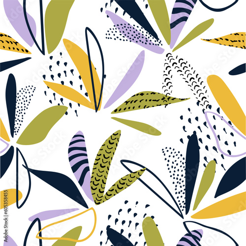 Abstract daisy flowers seamless pattern. Colorful flower petals with line doodle texture
