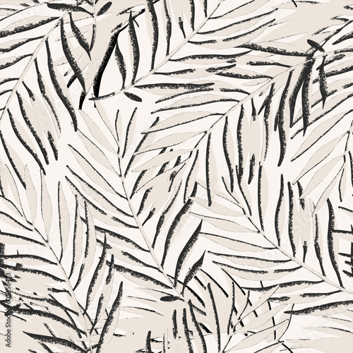 Grunge textured palm leaves seamless pattern. Abstract tropical jungle background