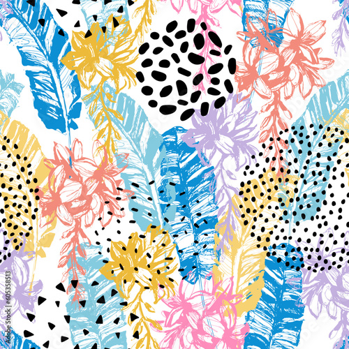 Grunge tropical leaves, flowers, dotted circles seamless pattern.