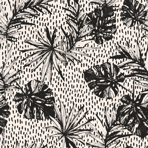 Grunge tropical leaves, dots seamless pattern.