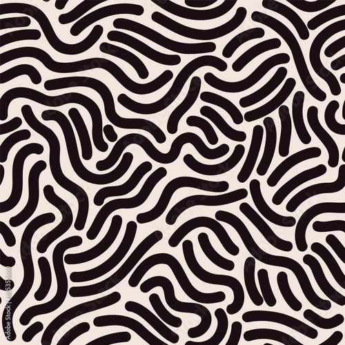 Black paint brush strokes vector seamless pattern. Wavy squiggle texture background