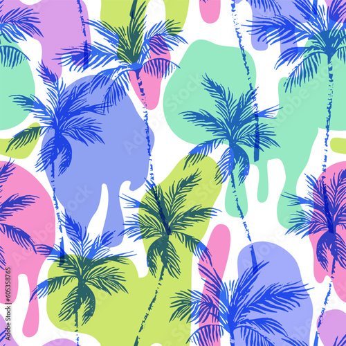 Abstract coconut trees on comic dripping blots background in pop art, graffiti style.
