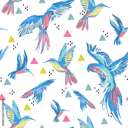 Tropical birds on abstract geometric shapes doodles background