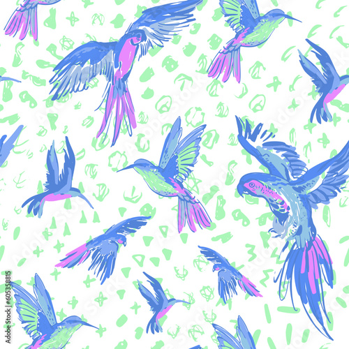 Creative grunge flying parrots doodle seamless pattern