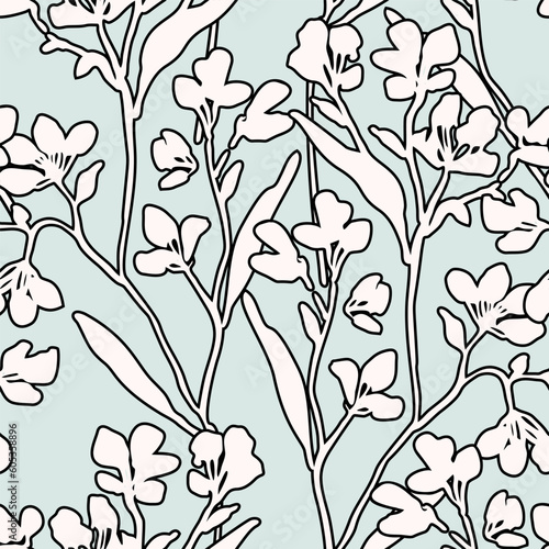 Cute natural background with wild meadow flowers in silhouette, outline.