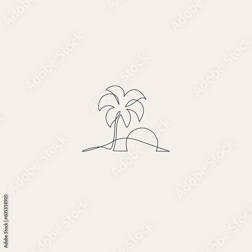 One line drawing tropical oasis island, paradise concept.