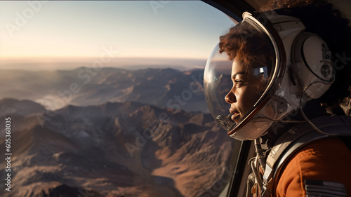 Generative ai young black woman astronaut landing on new planet