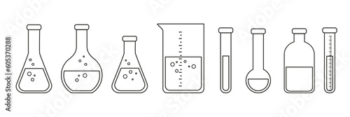 Laboratory glass equipment, test tubes and flask. Lab glassware for medical or science study vector set.