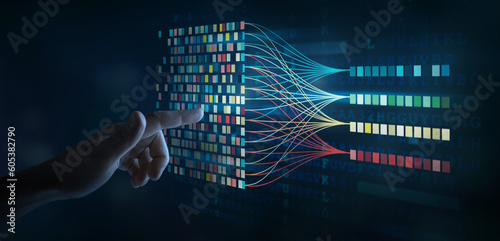 Data science and big data technology. Big data analytics visualizing complex data set on touchscreen. Data mining.