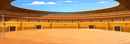 Empty ancient gladiator arena. Game background for fighting competition location. Landscape view of a coliseum, an ancient Roman amphitheater. Cartoon vector illustration of an ancient stadium.