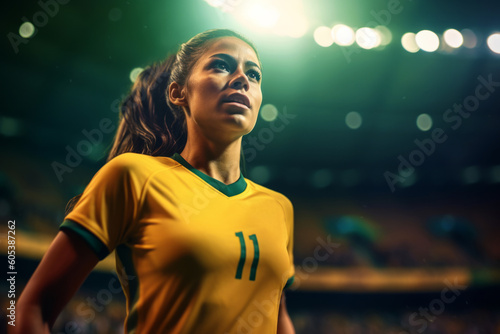 Portrait of a female Brazilian soccer player in yellow uniform on the field. Ai generated.