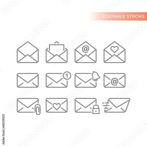 Mail, envelope open and closed line vector icon set. Letter with at, notification and love letters outline icons.