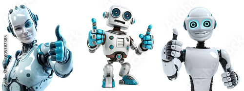 Set of friendly robot giving thumbs up on transparent background