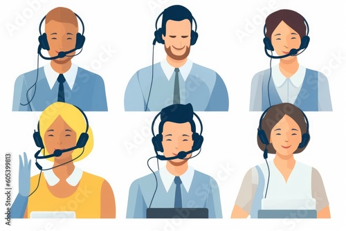 Help desk, call center. Customer service, hotline operators with headsets. Online technical support 24 h. illustration, Generative AI