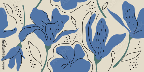 Retro seamless floral pattern. Background with dark blue flowers with linear elements. Simple style. Flower silhouettes.