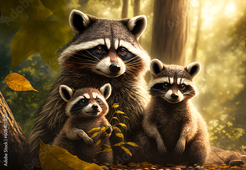 Family of three racoons in a forest. Created with Generative AI.