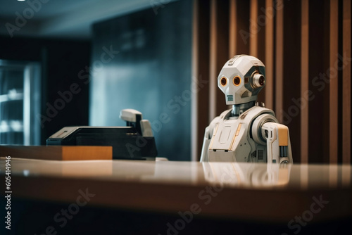 Humanoid smart hotel in hospitality industry, receptionist robot assistant in lobby hotel or airports for customer service, information provision. Concept of high-tech assistant. Generative AI