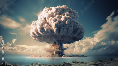 Nuclear explosion in city nuke bomb mushroom radioactive cloud. Atomic bomb in the city symbol of war end of the world nuclear explosion catastrophe. Realistic 3D illustration. Generative AI