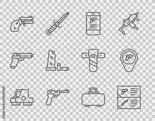 Set line Collimator sight, Weapon catalog, Shop weapon in mobile app, Mauser gun, Small revolver, Gun magazine and bullets, case and Location with icon. Vector