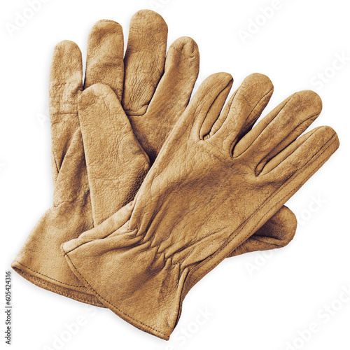 safety gloves in leather brown color , top view isolated on white background, safety clothing equipment for worker hand protection