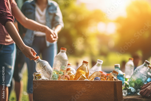 People doing volunteer work recycling plastic bottles. Generative AI