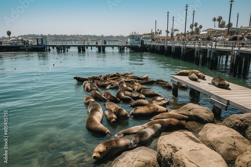 Oceanside CA - 6/1/19: Harbor, beaches, and seal resting on dock. Generative AI
