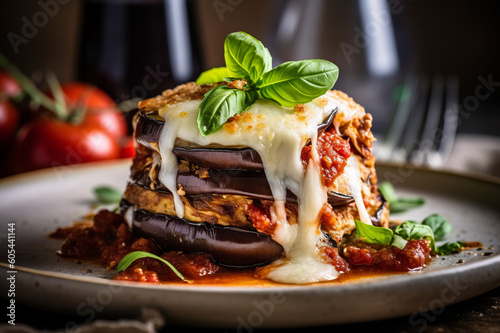 Delicious eggplant parmigiana featuring layers of fried eggplant slices baked with cheese and tomato sauce. Generative AI.