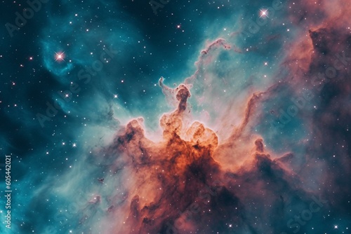 Infrared image of Carina Nebula with NASA elements. Kosmos background and starfield. Generative AI