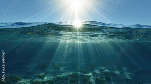 Sunlight over ocean water. The rays of the sun are reflected and refracted in the water, highlighting the underwater world and floating creatures.