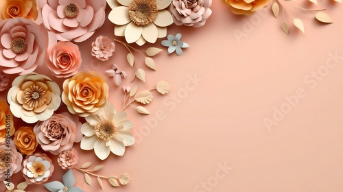 3D Warm Colors Paper Cut Flower Frame on an Orange Beige Canvas, space for copy