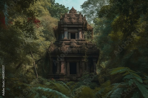 An old Hindu temple surrounded by dense foliage. Generative AI
