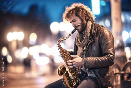 A musician channels his passion and focus into his instrument, enlivening a city street with the raw emotion of his performance, generative ai