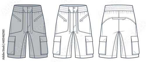 Short Cargo Pants fashion flat technical drawing template. Jogger Short Pants technical fashion Illustration, side pocket, front and back view, white, mocha color, women, men, unisex CAD mockup set.