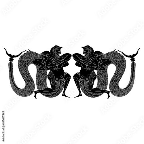 Symmetrical ethnic design with ancient Greek hero Heracles fighting river god Achelous with fish tail. Vase painting style. Black and white silhouette.
