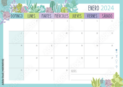 Calendario Planificador 2024 en Español - Tamaño A4 - Mes de Enero 