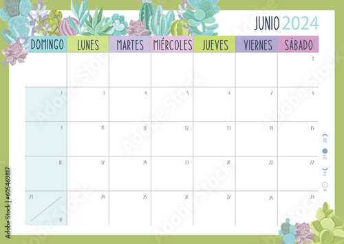 Calendario Planificador 2024 en Español - Tamaño A4 - Mes de Junio