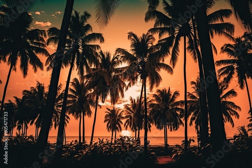 serene sunset over a tropical beach with palm trees and ocean waves. Generative AI