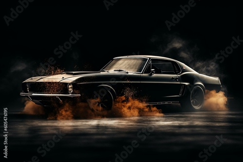 Digital illustration of a car doing a drifting burnout with smoke on a black background. Generative AI