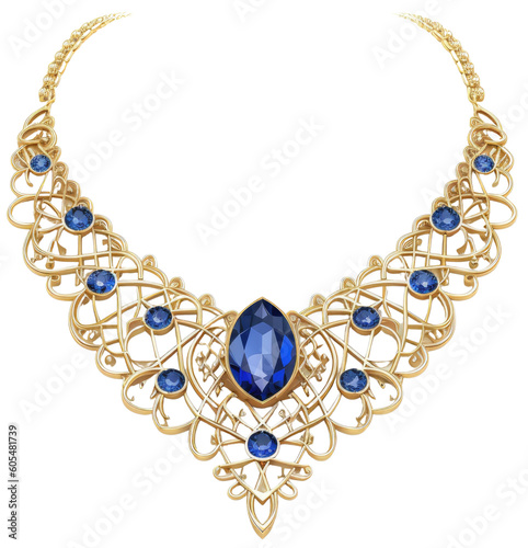 Golden necklace with blue sapphire gems isolated on a white background as transparent PNG, generative AI jewelry